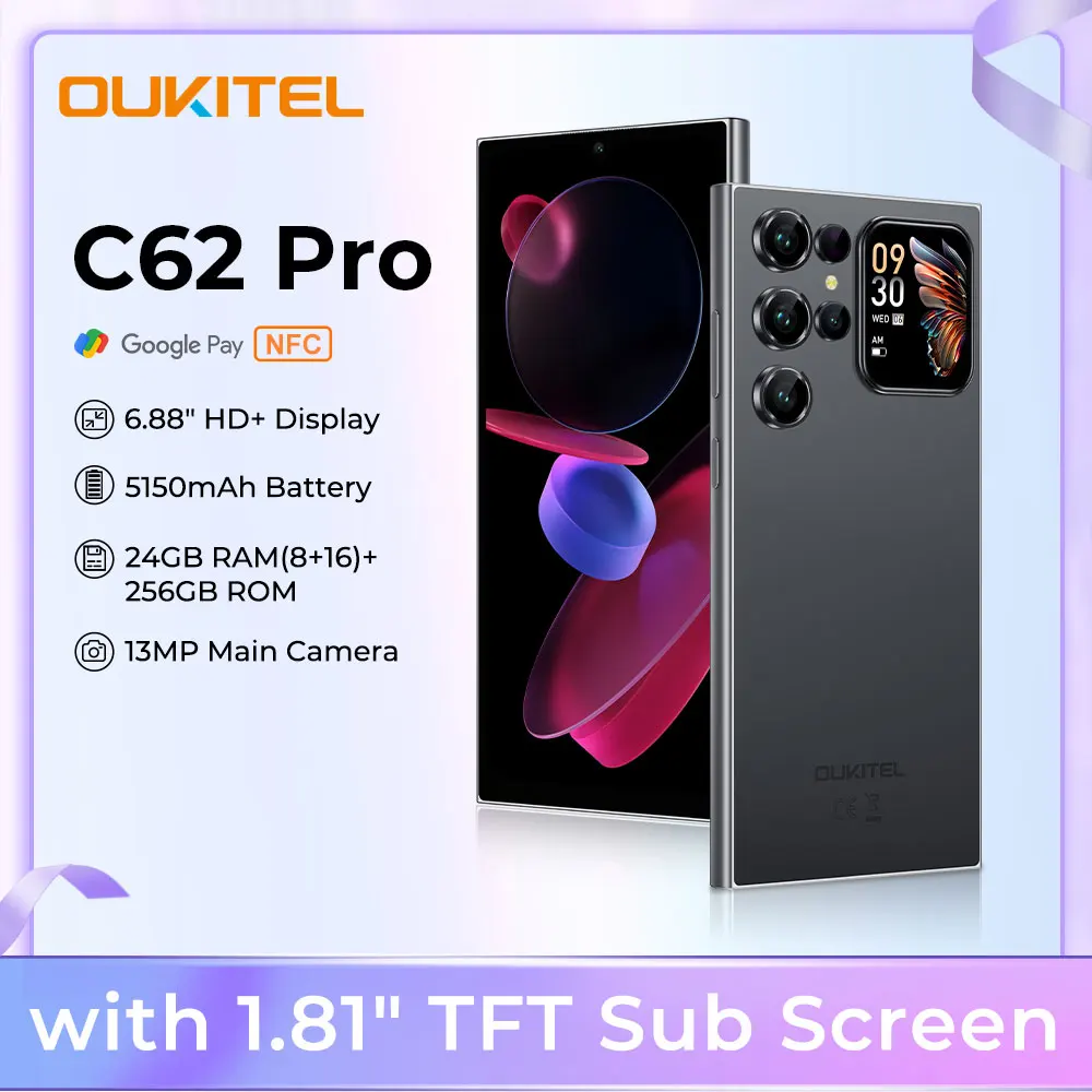 OUKITEL C62 Pro NFC Smartphone Android 15, 6.88" HD+ 1.81" Sub Screen Unisoc T615 Cell Phone, 24GB (8+16) + 256GB, 5150mAh