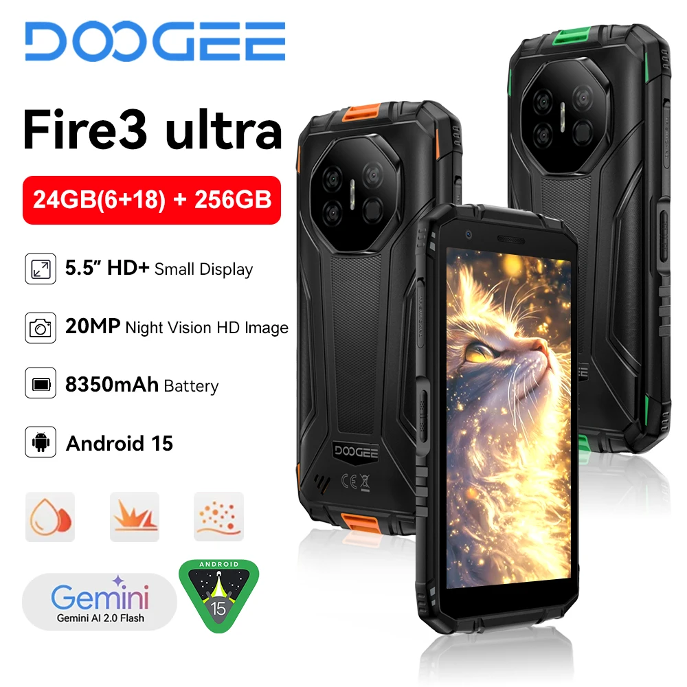 DOOGEE Fire 3 Ultra Rugged Phone 5.5" HD+ Display UNISOC T7200 Callphone 24GB+256GB 8350mAh 16MP+20MP Smartphone Android 15 NFC
