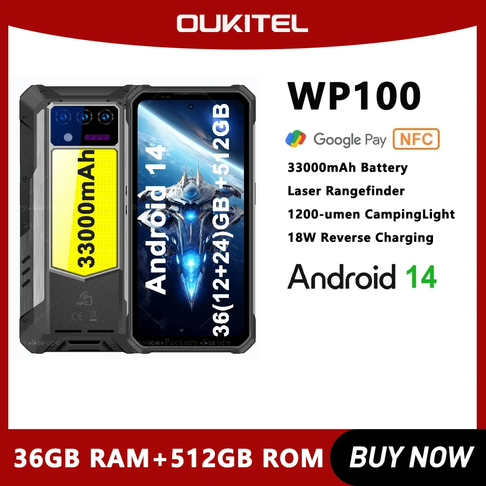 Oukitel WP100 Rugged 33000mAh 5G Smartphone 36(12+24)GB+512GB 66W Android14 Mobile Phone 6.8"FHD+ 200MP Camera Distance measurem