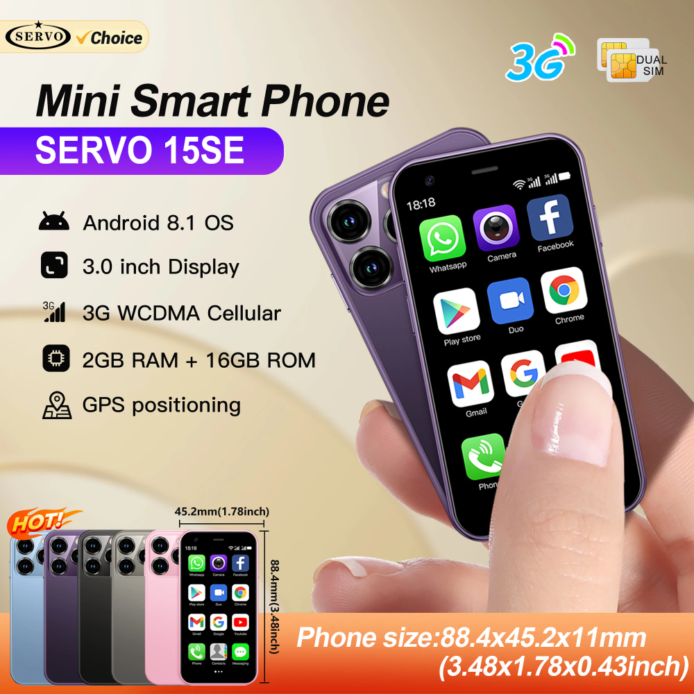 SERVO 15SE Mini Smartphone 3G WCDMA WiFi Hotspot Android OS Play Store WhatsAPP 2GB+16GB 2 SIM Card 3.0" Super Small Smart Phone