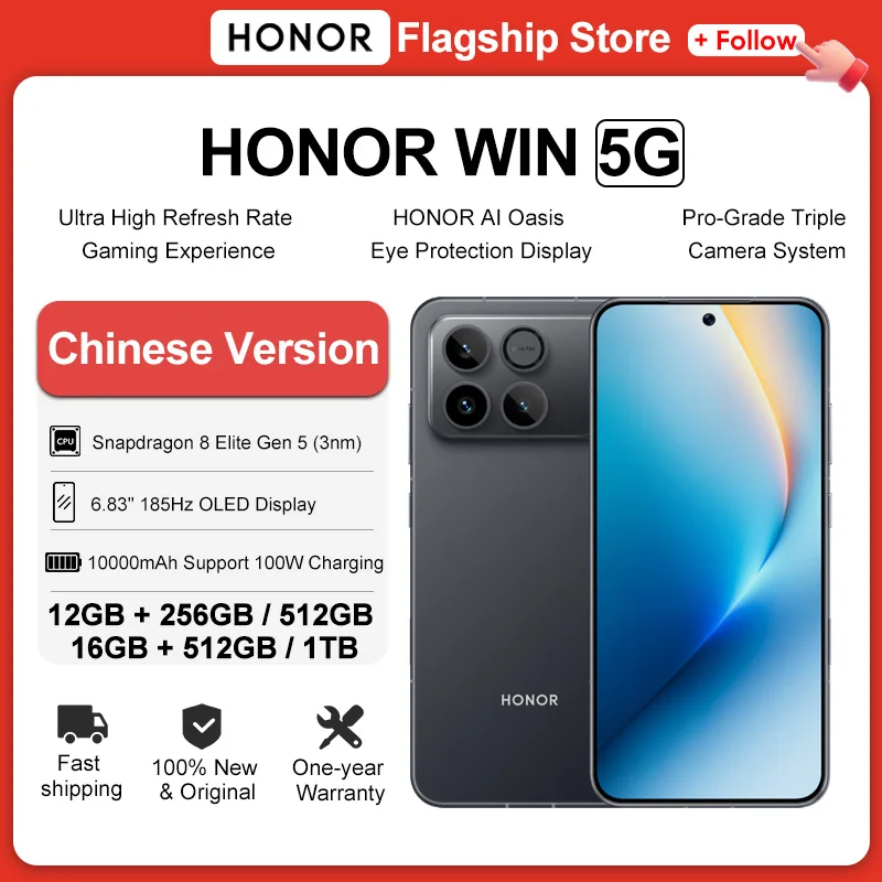 Chinese Version HONOR WIN Gaming Phone 6.83" 185Hz OLED Display Snapdragon 8 Elite Gen 5 10000mAh Battery Support 100W Charging