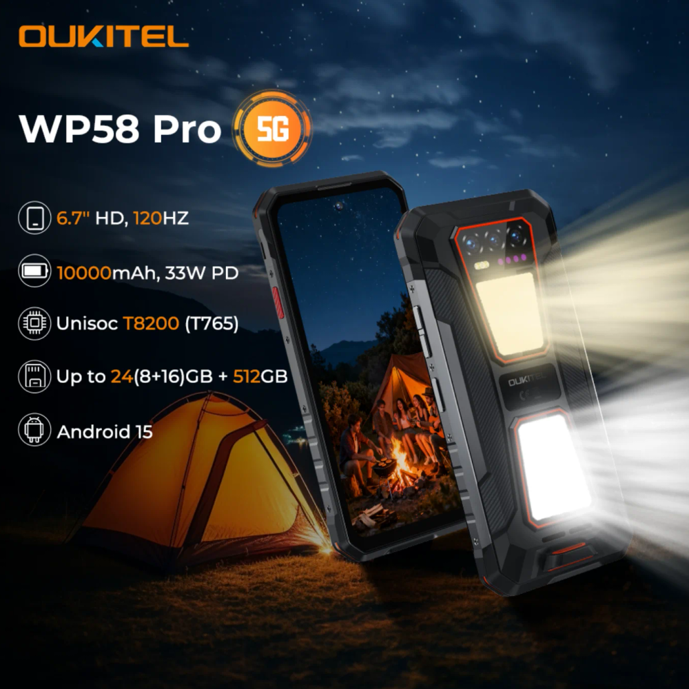 OUKITEL WP58 PRO 5G Rugged Smartphone 24GB(8+16) RAM + 512 ROM, Android 15 NFC 64MP Cellphone with Camping Lamp ,10000mAh 33W