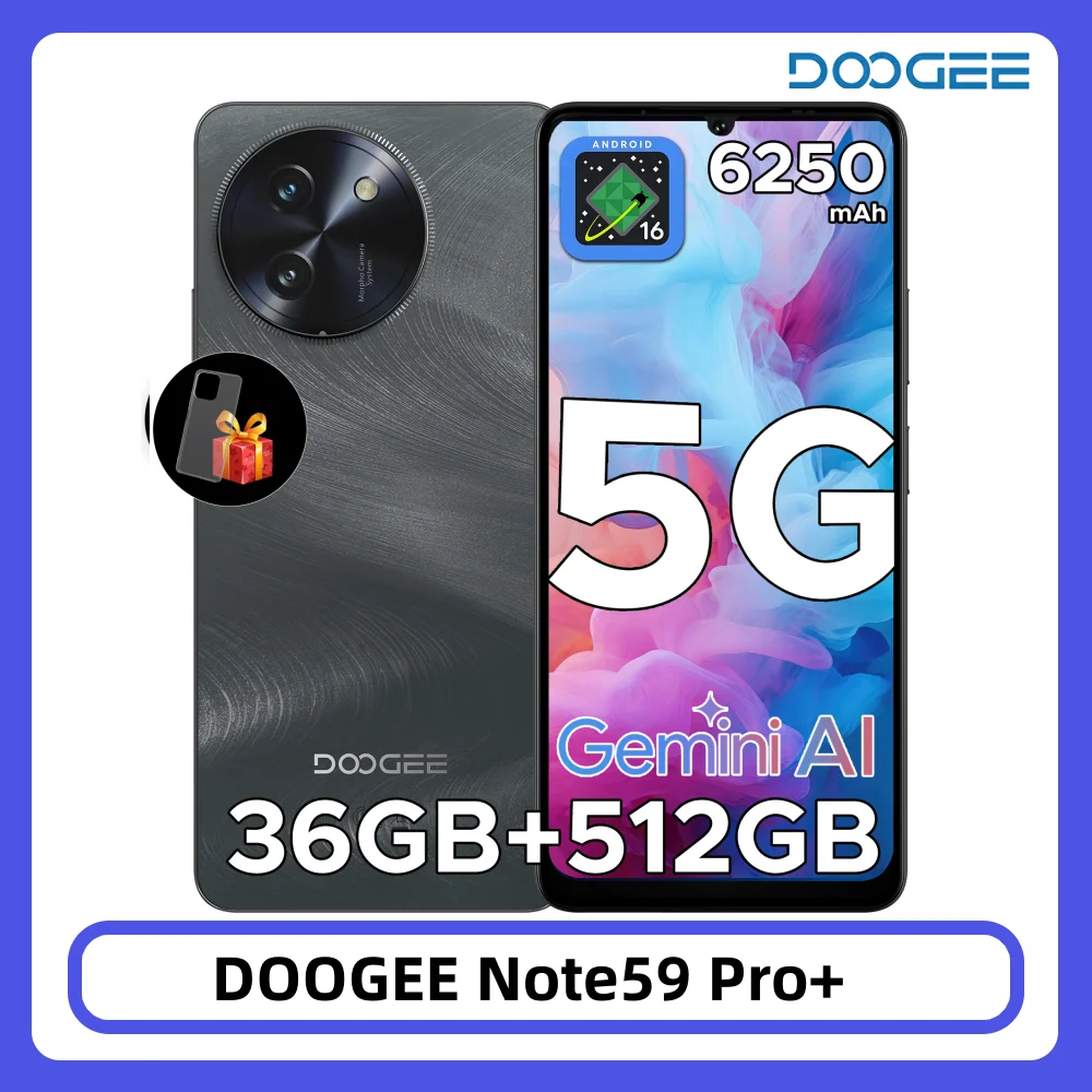 DOOGEE Note59 Pro+ 5G Smart Phone 36GB 512GB 6.75" HD+ 120Hz UNISOC T8200 50MP Camera 6250mAh Battery Android 16 NFC Cell Phone