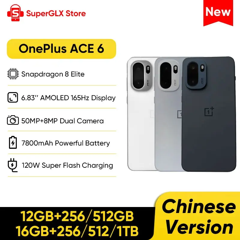 Unlocked Chiese Version Oneplus Ace 6 Smartphone Snapdragon 8 Elite 6.83" AMOLED 165Hz Display 7800mAh 120W Super Flash Charge