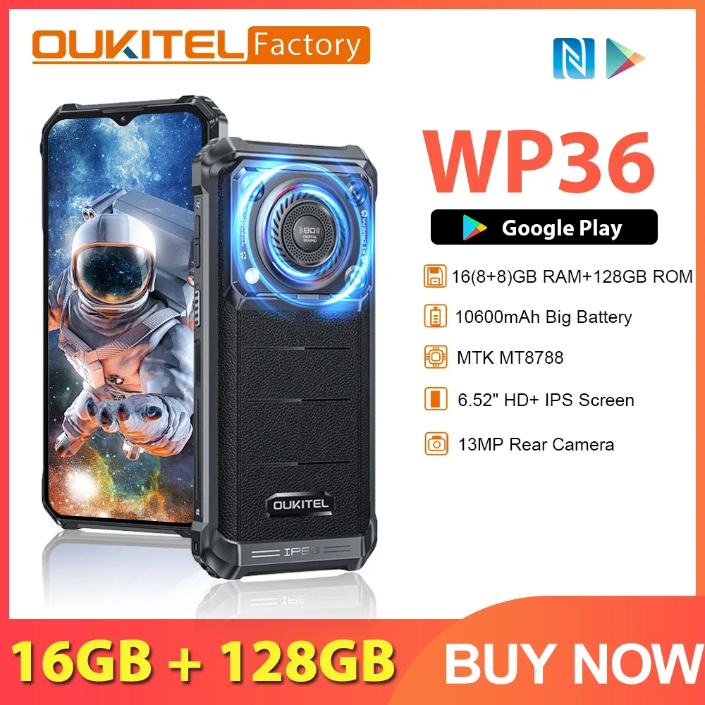 Oukitel WP36 Rugged Phone 6.52" HD+ Display MT8788 16(8+8)GB+128GB, 13MP+Night vision Camera 10600mAh Smartphone Android 13 NFC Oukitel WP36 Rugged Phone 6.52" HD+ Display MT8788 16(8+8)GB+128GB, 13MP+Night vision Camera 10600mAh Smartphone Android 13 NFC
