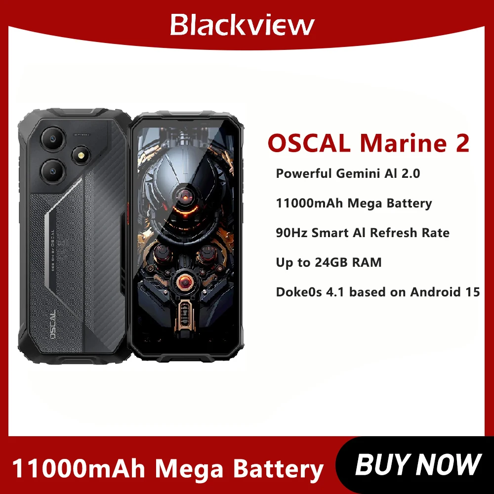 Blackview OSCAL Rugged PhoneAI 11000mAh Battery 6.56 " HD+ Display Unisoc T6158GB RAM 256GB Marine 2 Smartphone Android 15 NFC