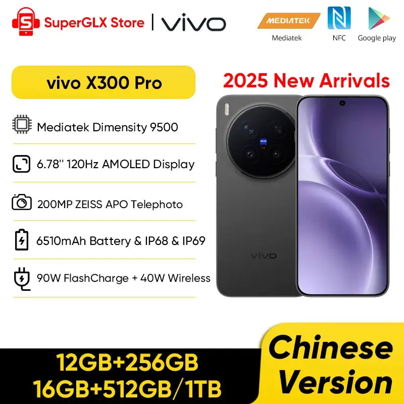Original vivo X300 Pro 5G Smartphone Mediatek Dimensity 9500 6.78" 120Hz AMOLED Screen 200MP APO Super Telephoto Lens 6510mAh Original vivo X300 Pro 5G Smartphone Mediatek Dimensity 9500 6.78" 120Hz AMOLED Screen 200MP APO Super Telephoto Lens 6510mAh