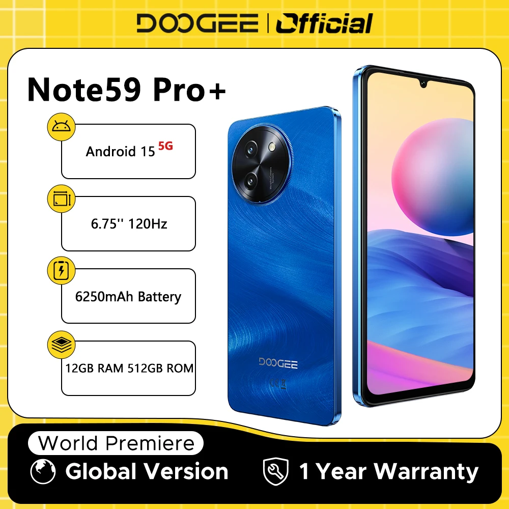 DOOGEE Note59 Pro+ 5G Smartphone Android 15 Global Version 6250mAh Battery 6.75'' 120Hz Display 12GB 512GB Mobile Phone NFC DOOGEE Note59 Pro+ 5G Smartphone Android 15 Global Version 6250mAh Battery 6.75'' 120Hz Display 12GB 512GB Mobile Phone NFC