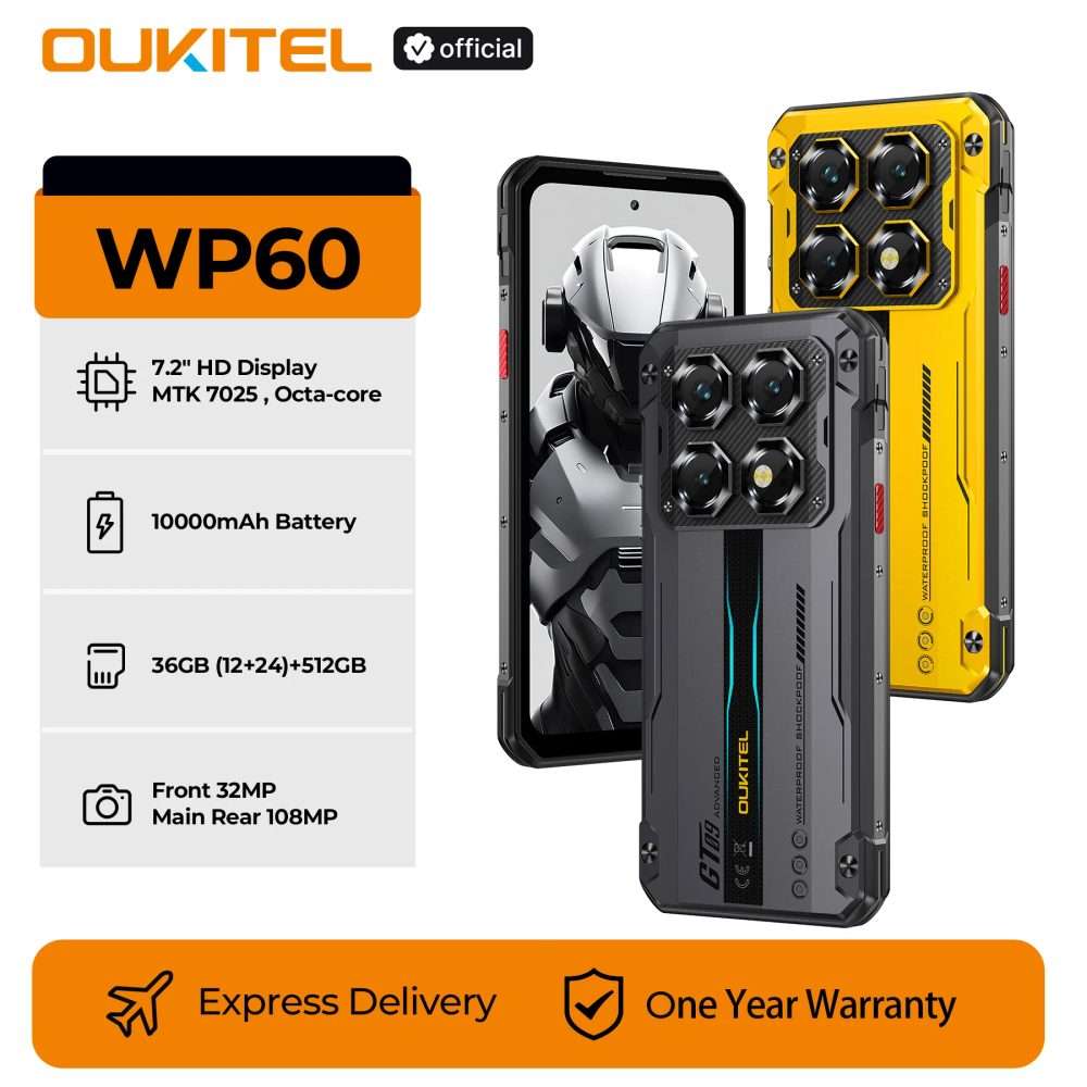 OUKITEL WP60 5G Rugged Smartphone 10000mAh 36GB(12+24) +512GB, 7.2 HD+ Android 15 NFC Cell Phone, 108MP Camera, 120Hz