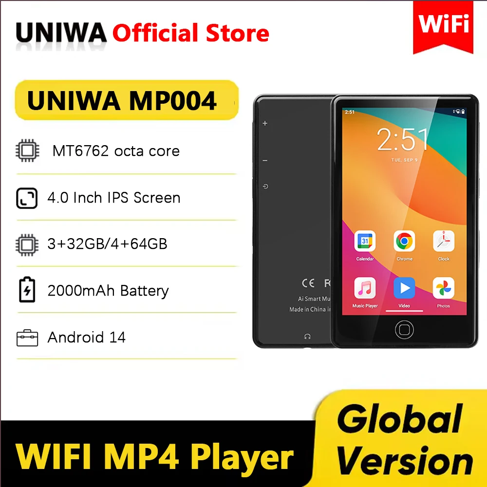 UNIWA MP004 MP4 Player Android 14 with Bluetooth and WiFi 4 Inch 3+32GB/4+64GB 2000mAh MP3 MP4 Players FM Radio Whatsapp YouTube UNIWA MP004 MP4 Player Android 14 with Bluetooth and WiFi 4 Inch 3+32GB/4+64GB 2000mAh MP3 MP4 Players FM Radio Whatsapp YouTube