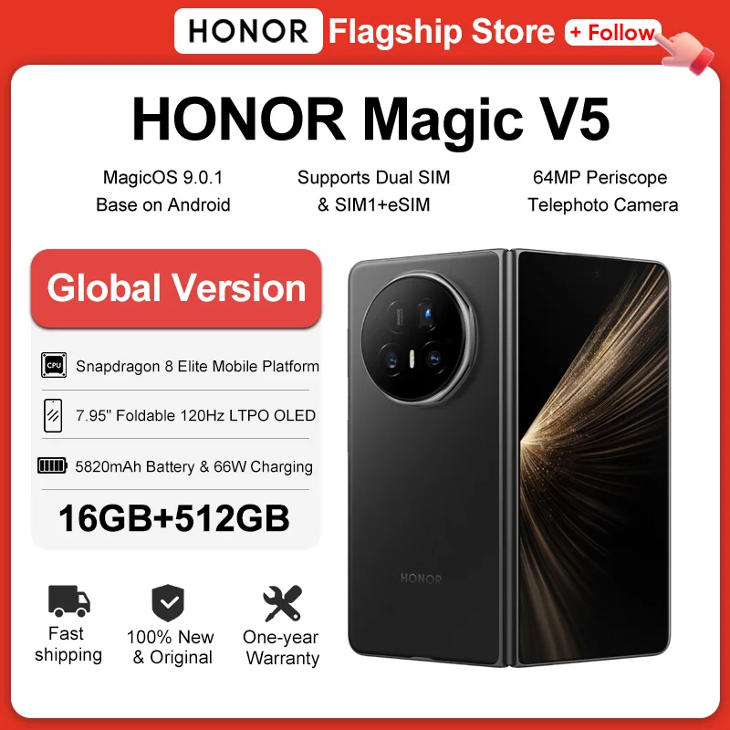 Global Version HONOR Magic V5 5G Smartphone Snapdragon 8 Elite 7.95" Foldable OLED 5820mAh Battery Support 66W SuperCharge eSIM Global Version HONOR Magic V5 5G Smartphone Snapdragon 8 Elite 7.95" Foldable OLED 5820mAh Battery Support 66W SuperCharge eSIM