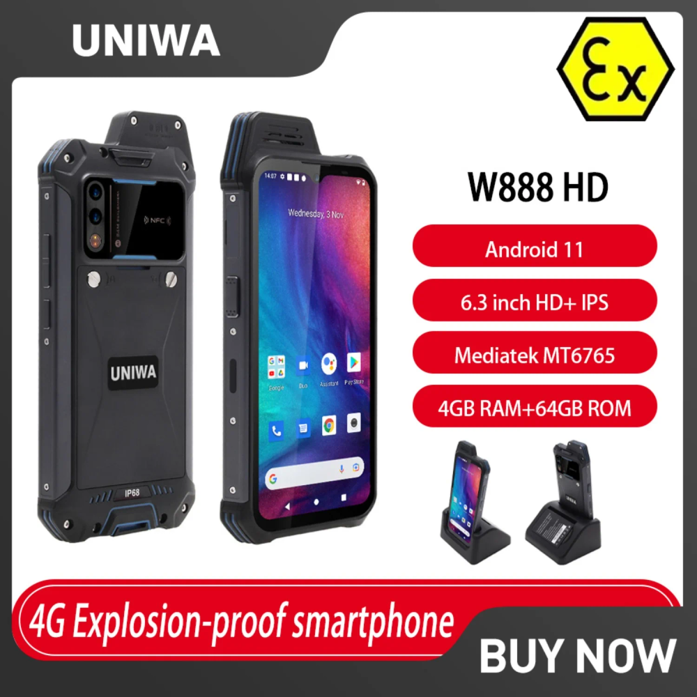 UNIWA W888 ATEX Explosion Andriod Smartphone Walkie Talkie IP68 6.3 HD 4GB 64GB 4400mAh NFC Certification Explosion-proof Phone