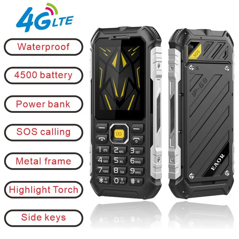 EAOR 4G Feature Keypad Waterproof IP68 4500mAh Power Bank High brightnessTorch Volume side key SOS One Click Dialing phone EAOR 4G Feature Keypad Waterproof IP68 4500mAh Power Bank High brightnessTorch Volume side key SOS One Click Dialing phone
