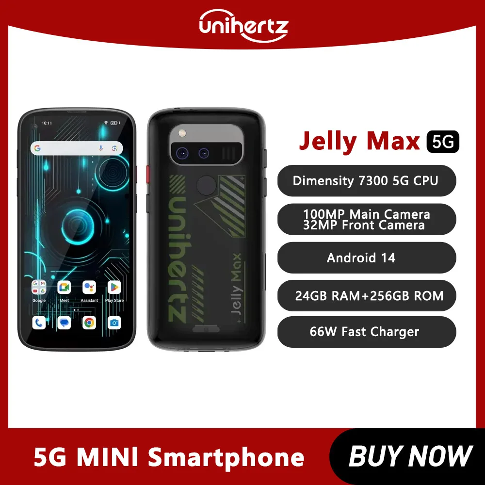 Unihertz Jelly Max 5G Mini Smartphone Android 14 Dimensity 7300 CPU 12GB 256GB 100MP Camera 4000 mAh Battery 5.05" inch Screen