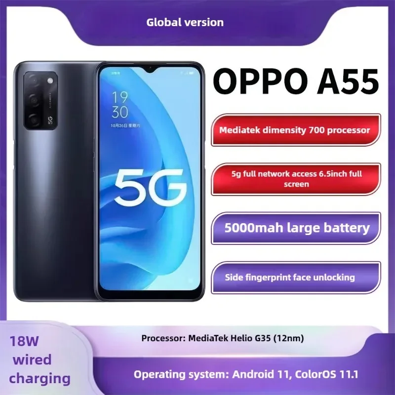 OPPO A55 4GB/6GB RAM 64GB/128GB ROM 50MP AI Camera 5000mAh Long Battery Life 4G LTE Dual SIM Phone Smartphone Global version