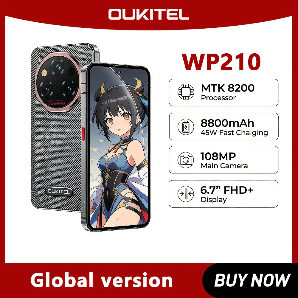 OUKITEL WP210 Android15 Rugged Phone MTK 8200, NFC, 36GB+512GB, 8800mAh 45W, 6.7", 108MP 5G WIFI6 Smartphone