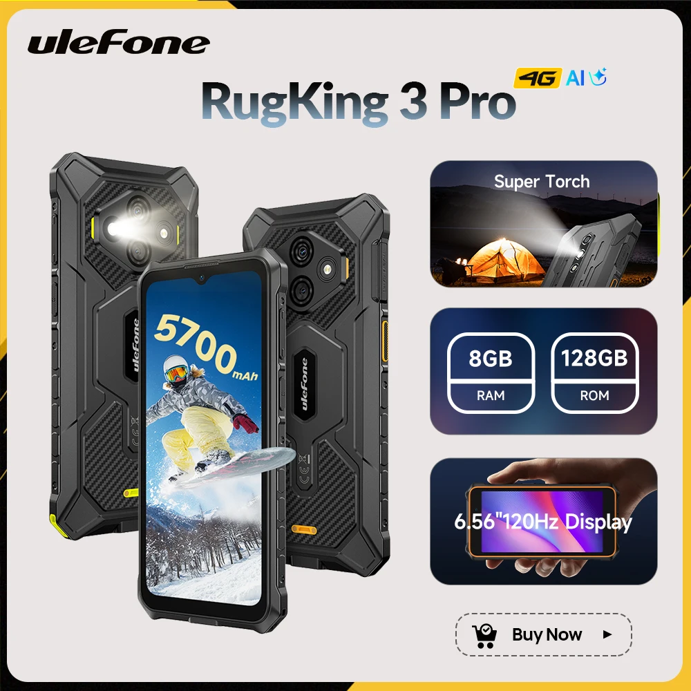 【2025 New】Ulefone RugKing 3 Pro 4G Rugged Smartphone Android 15 Up to 16GB+128GB Waterproof 6.56"120Hz Display 5700mAh NFC 【2025 New】Ulefone RugKing 3 Pro 4G Rugged Smartphone Android 15 Up to 16GB+128GB Waterproof 6.56"120Hz Display 5700mAh NFC
