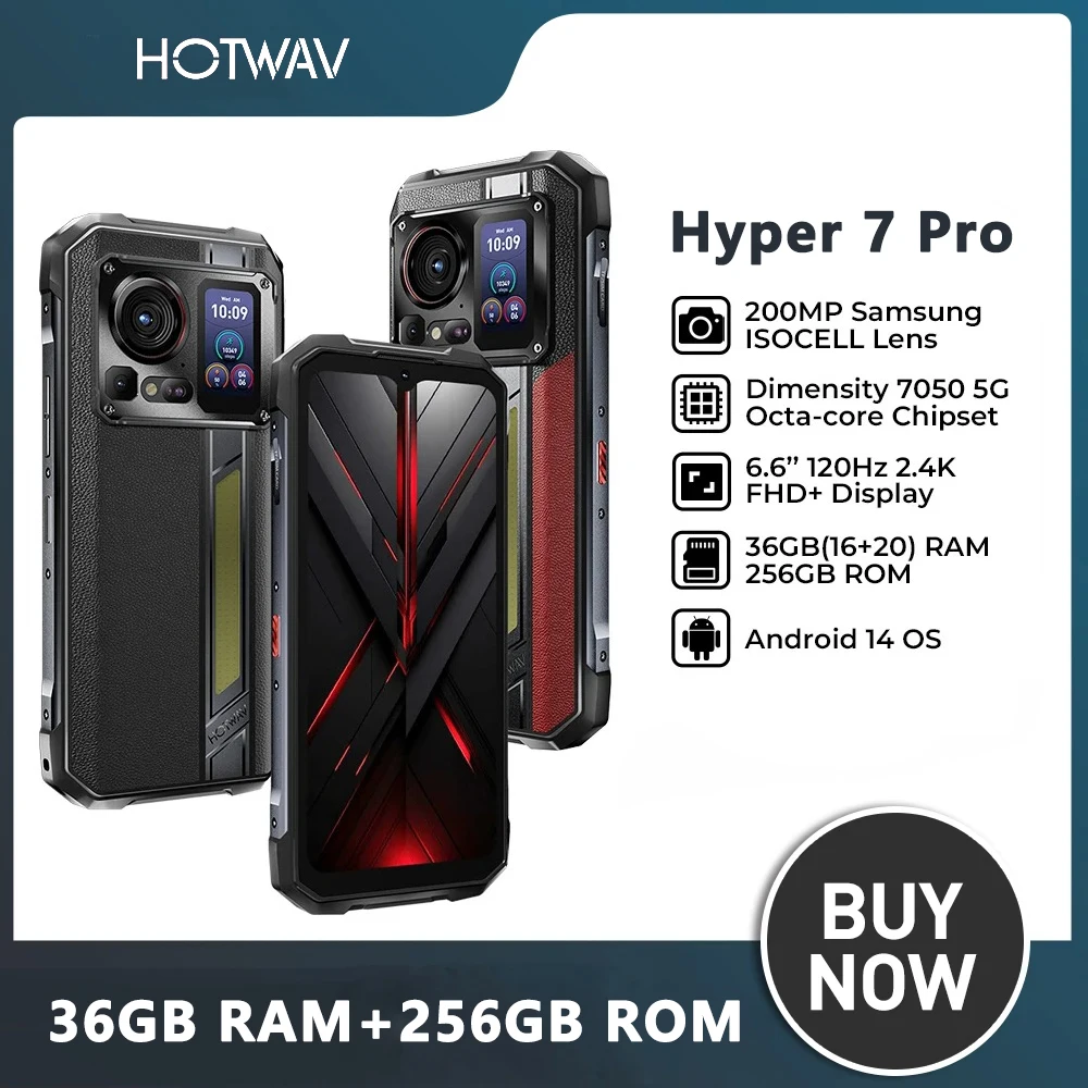 HOTWAV Hyper 7 Pro,36 (16+20)GB+ 256 GB,5G Rugged,10800mAh ,6.6'' FHD+ 120Hz,200MP Camera,33W,NFC,Android 14,Global version