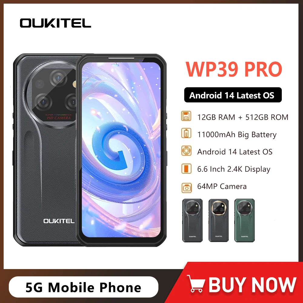 Oukitel WP39 Pro 5G Rugged Smartphone 12GB Memory 512GB 6.60"FHD+ Display 64MP Camera 11000mAh Battery Android 14 NFC Phone