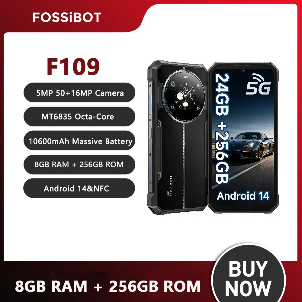 FOSSIBOT F109 6.745"HD+ Rugged Phone 10600mAh Smartphone Android 14 24GB+256GB 50MP Cam Dual Screen Mobile Phone Global Version