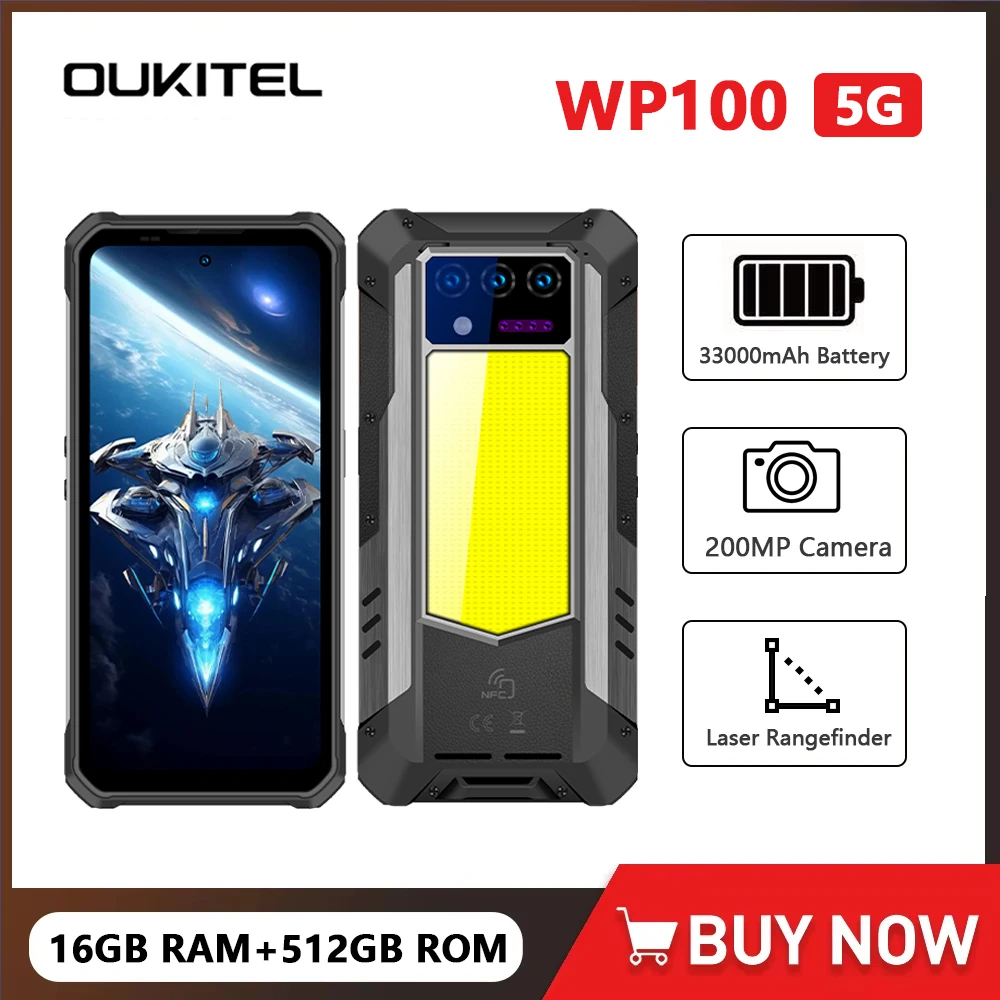 Oukitel WP100 Rugged Phone 33000mAh Battery Built-in Laser Rangefinder 6.8 Inch 16GB RAM+512GB ROM Mobile Phone 200MP Camera NFC