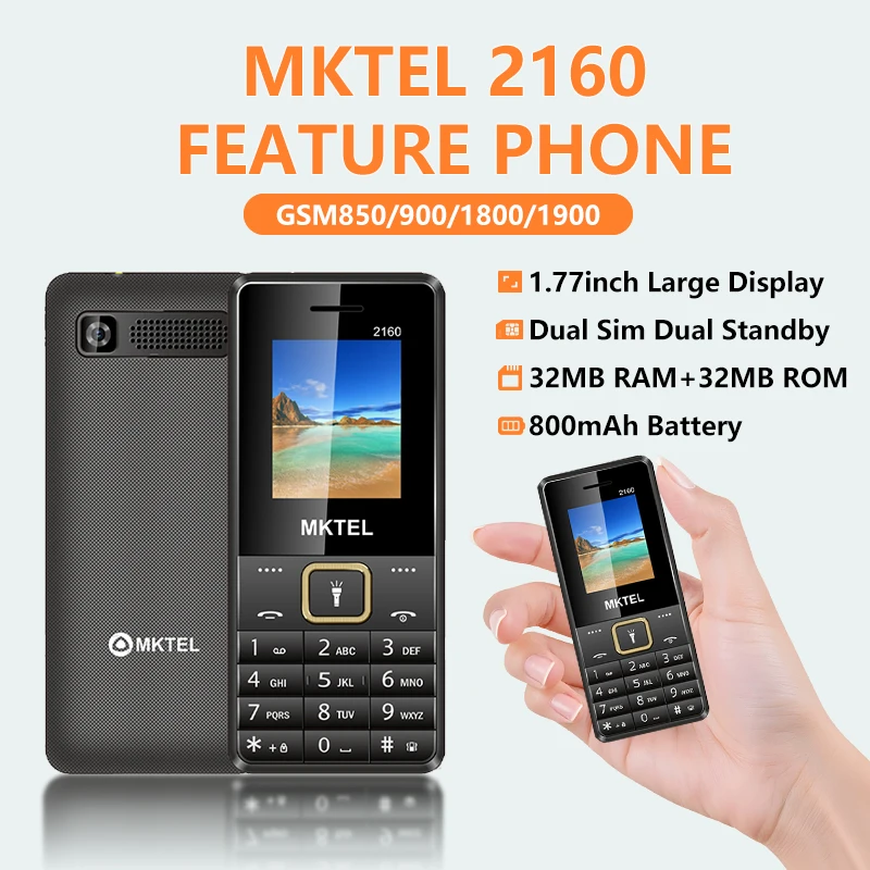 MKTEL 2160 2G Feature Phone Dual SIM 800 mAh1.77" Large Keypad Mini Phone MP3 MP4 FM Radio