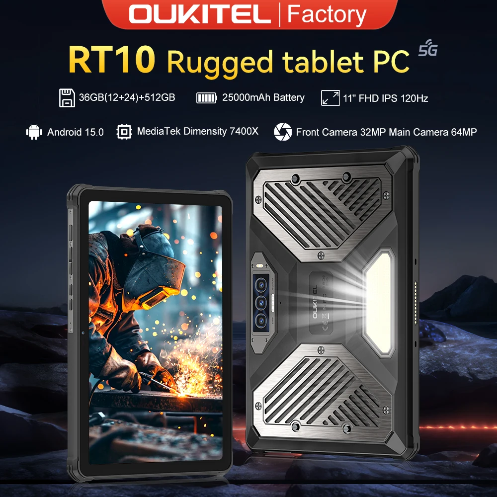 Global version OUKITEL RT10 5G Rugged Tablet PC 11" FHD+ Display 36GB+512GB 25000mAh 64MP MTK 7400X Android 15 ablets with Stand