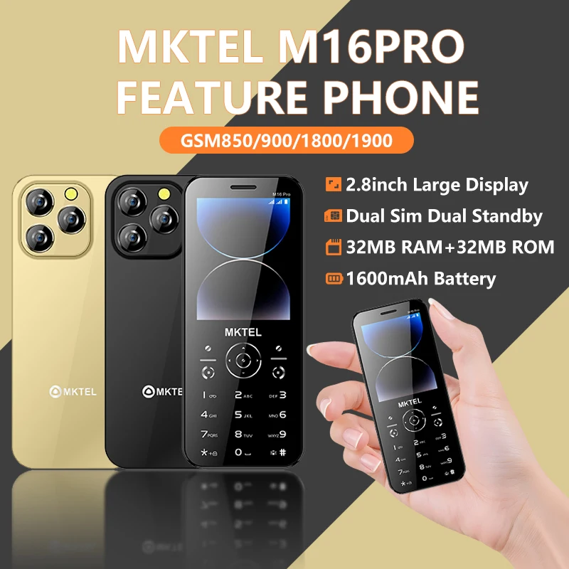 MKTEL M16 Pro 2G Feature Phone Dual SIM Long Battery 2.8" Large Keypad Mini Phone MP3 MP4 FM Radio