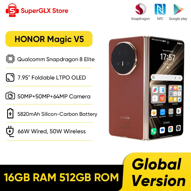 Original New HONOR Magic V5 Global Version 5G Foldable LTPO OLED 120Hz Display 7.95" 50MP Cameras Snapdragon 8 Elite 5820mAh 66W Original New HONOR Magic V5 Global Version 5G Foldable LTPO OLED 120Hz Display 7.95" 50MP Cameras Snapdragon 8 Elite 5820mAh 66W