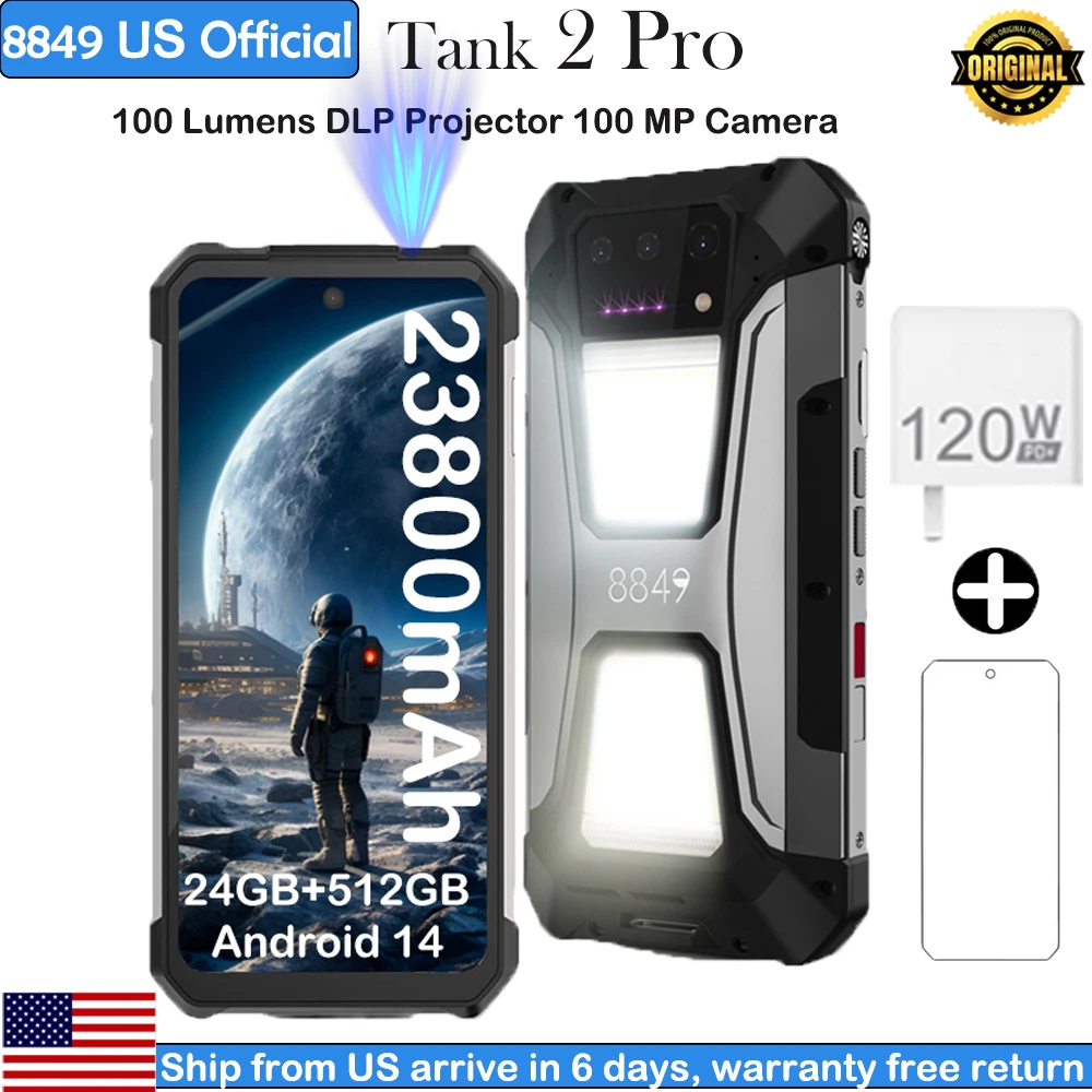 8849 Tank 2 PRO Projector Rugged Smartphone 23800mAh Android 24GB 512GB 100MP Camera 2.4K 120W Fast Charge Dual Sim Outdoor