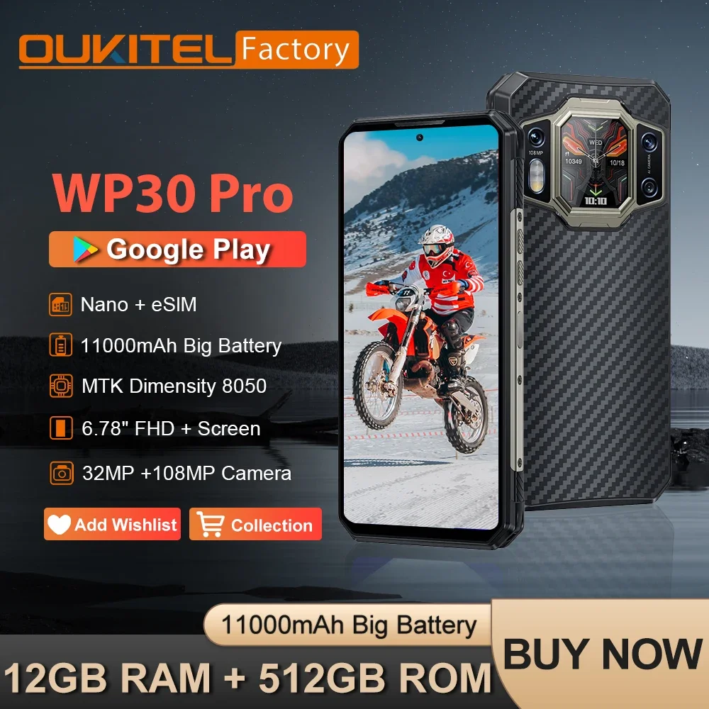 OUKITEL WP30 Pro Rugged Phone 24GB(12+12) + 512GB, Dual Display Telephone Portable 6.78" FHD+108MP Camera 11000mAh Smartphone 5G