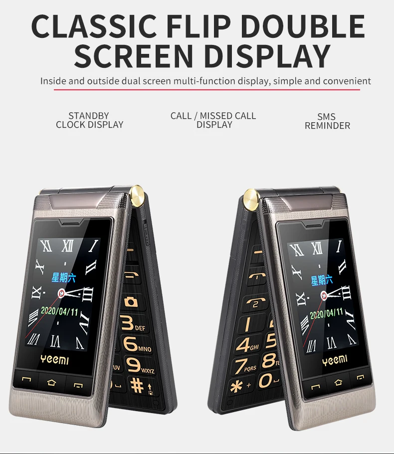 2G GSM Foldable Dual-Screen Mobile Phone Oversized Button Long-lasting Standby Torch Blacklist FM Radio For Elderly
