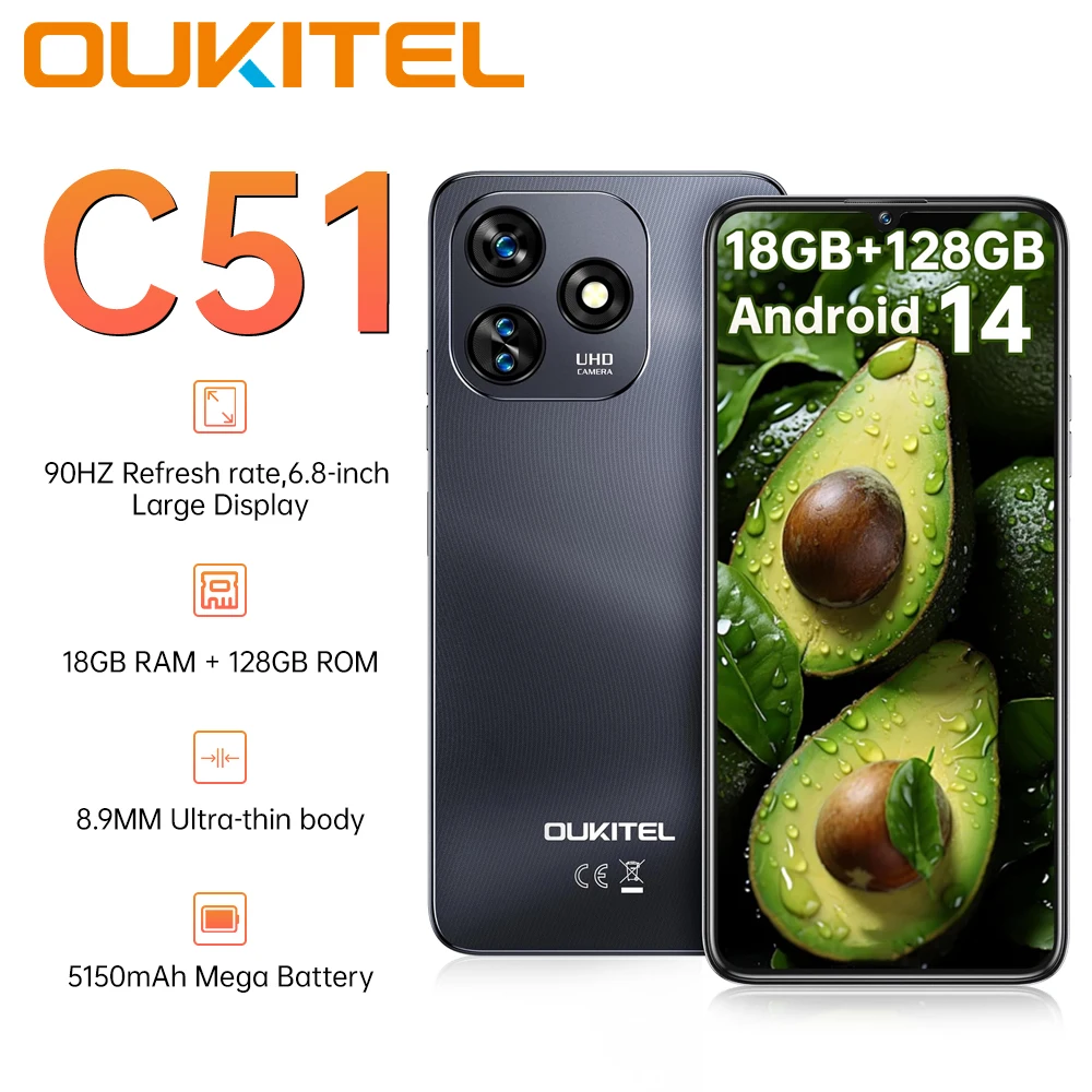 Global version OUKITEL C51 Mobile Phone 6.8" HD+ 90Hz Screen Telephone Portable 24(8+16) GB + 128GB 5150mAh Smartphon Android 14