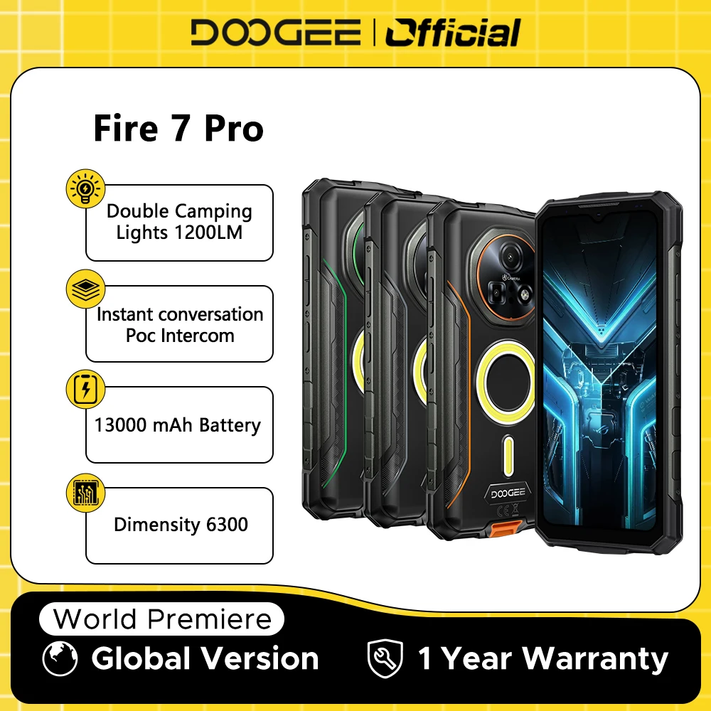 DOOGEE Fire 7 Pro 5G Rugged Phone Dual Camping Light 13000mAh Battery 64MP AI Main Camera Dimensity 6300 Android15 Smartphone DOOGEE Fire 7 Pro 5G Rugged Phone Dual Camping Light 13000mAh Battery 64MP AI Main Camera Dimensity 6300 Android15 Smartphone