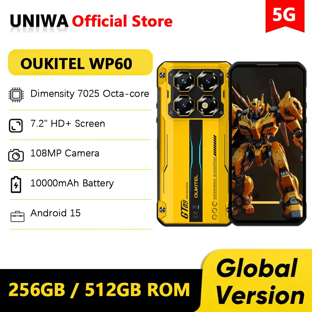 OUKITEL WP60 5G Rugged Phone 10000mAh Battery 7.2 120Hz 256GB/512GB ROM Mobile Phone 108MP MTK 7025 Smartphone Android 15 NFC OUKITEL WP60 5G Rugged Phone 10000mAh Battery 7.2 120Hz 256GB/512GB ROM Mobile Phone 108MP MTK 7025 Smartphone Android 15 NFC