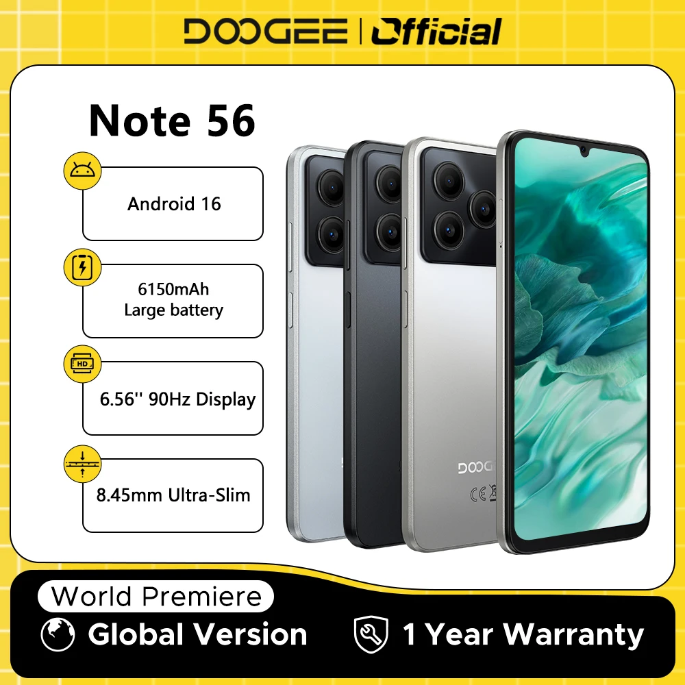 Global Version DOOGEE Note 56 Smartphone Android 16 6150mAh Large Battery 6.56'' 90Hz Display 24GB 64GB Mobile Phone Global Version DOOGEE Note 56 Smartphone Android 16 6150mAh Large Battery 6.56'' 90Hz Display 24GB 64GB Mobile Phone