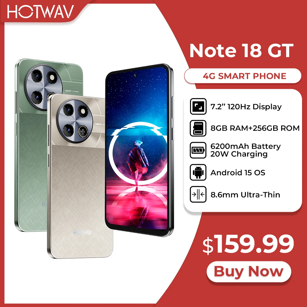 HOTWAV Note 18 GT Smart Phone 7.2'' 120Hz 8.6mm Ultra-Thin Mobilephone 8GB RAM 256GB ROM 6200mAh Battery Android 15 Cellphone