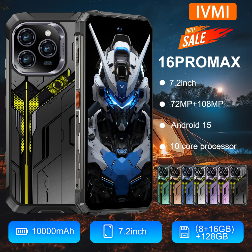[NEW] IVMI 16 Rugged Phone,24GB+128GB RAM 10000mAh 16PROMAX Dustproof and waterproof mobile phone, Android 15 7.2" 108MP