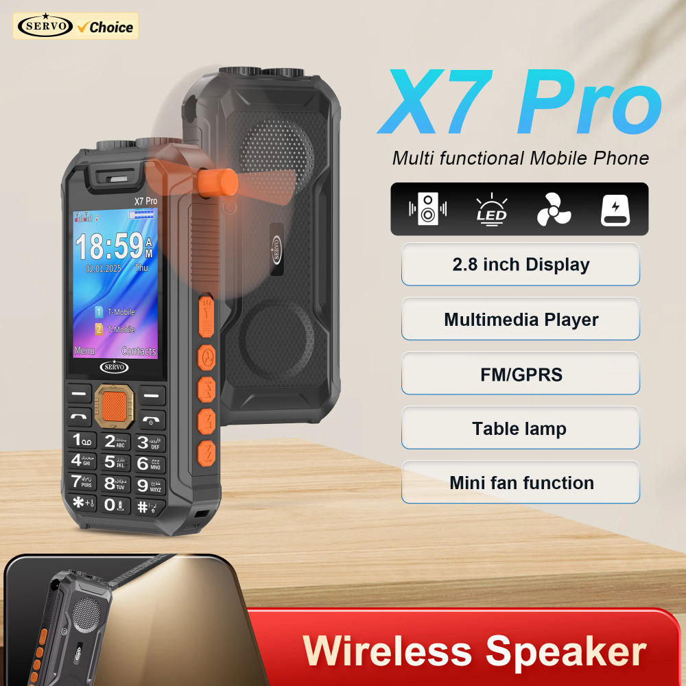 SERVO X7 PRO Desk Lamp Mobile Phone Mini Fan Dual SIM Standby Call Recording Magic Voice FM radio Power Bank Feature Cellphones