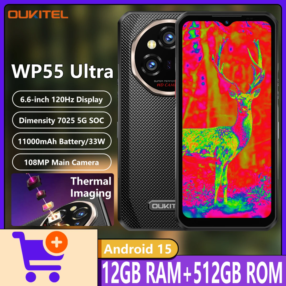 OUKITEL WP55 Ultra 5G Rugged Phone Android 15 Thermal Imaging Dimensity 7025 12GB+512GB 11000mAh 108MP 6.6" NFC Mobile Phone