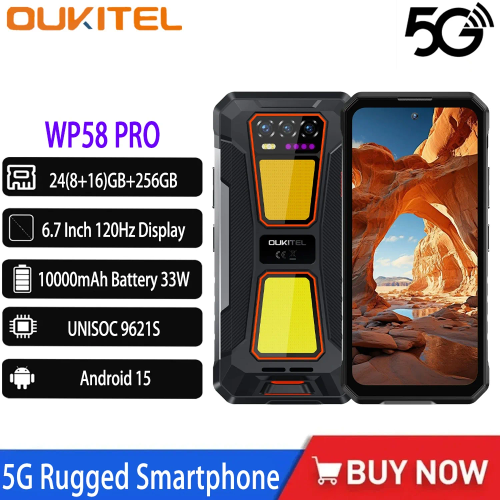 OUKITEL WP58 PRO 5G Rugged Smartphone 6.7 120Hz Display 24(8+16)GB+256GB 1000-Lumen Dual Camping Lights Android 15 Mobile Phone