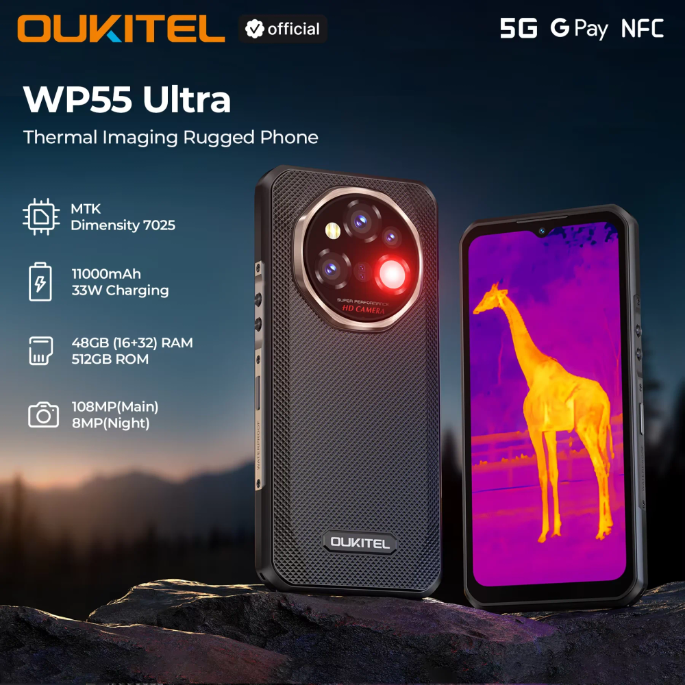 【New】OUKITEL WP55 Ultra Rugged Phone - Thermal Imaging 5G Smartphone, MTK 7025, 48+512GB, 11000mAh, 108MP, 6.6" NFC Android 15