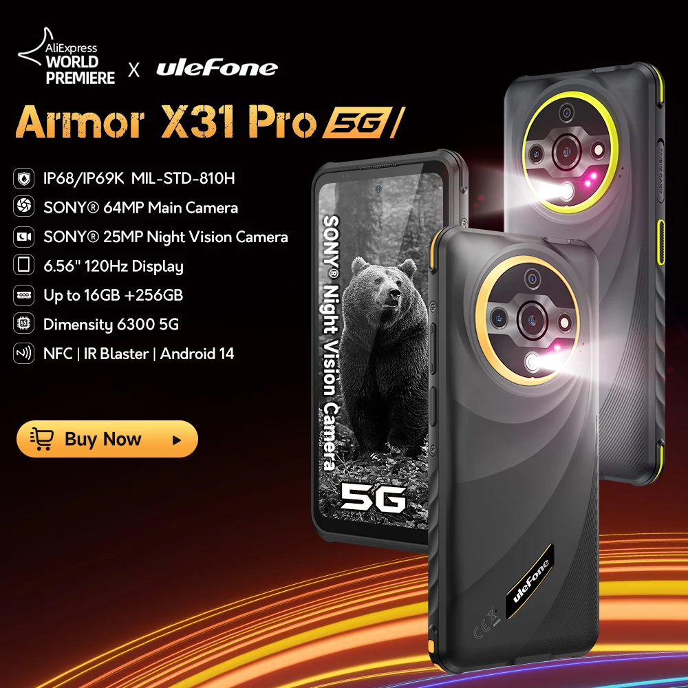 Ulefone Armor X31 Pro 5G Rugged Phone Android 14 Smartphone 6.5616GB + 256GB 25MP Night Camera 64MP 6050mAh NFC 120Hz IR