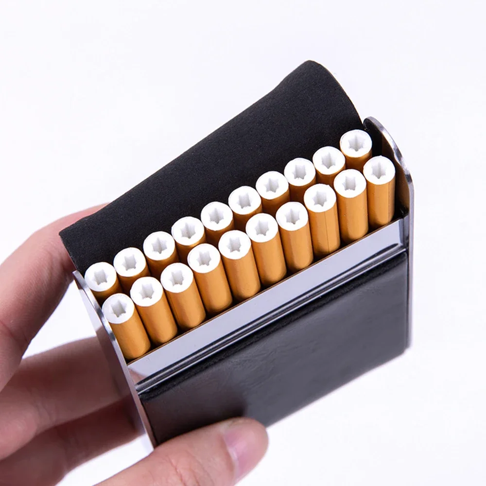 Hardshell Cigarette Case with Leather & Metal Accents - Portable Anti-Crush Cigarette Holder, Stylish Design for Men Hardshell Cigarette Case with Leather & Metal Accents - Portable Anti-Crush Cigarette Holder, Stylish Design for Men