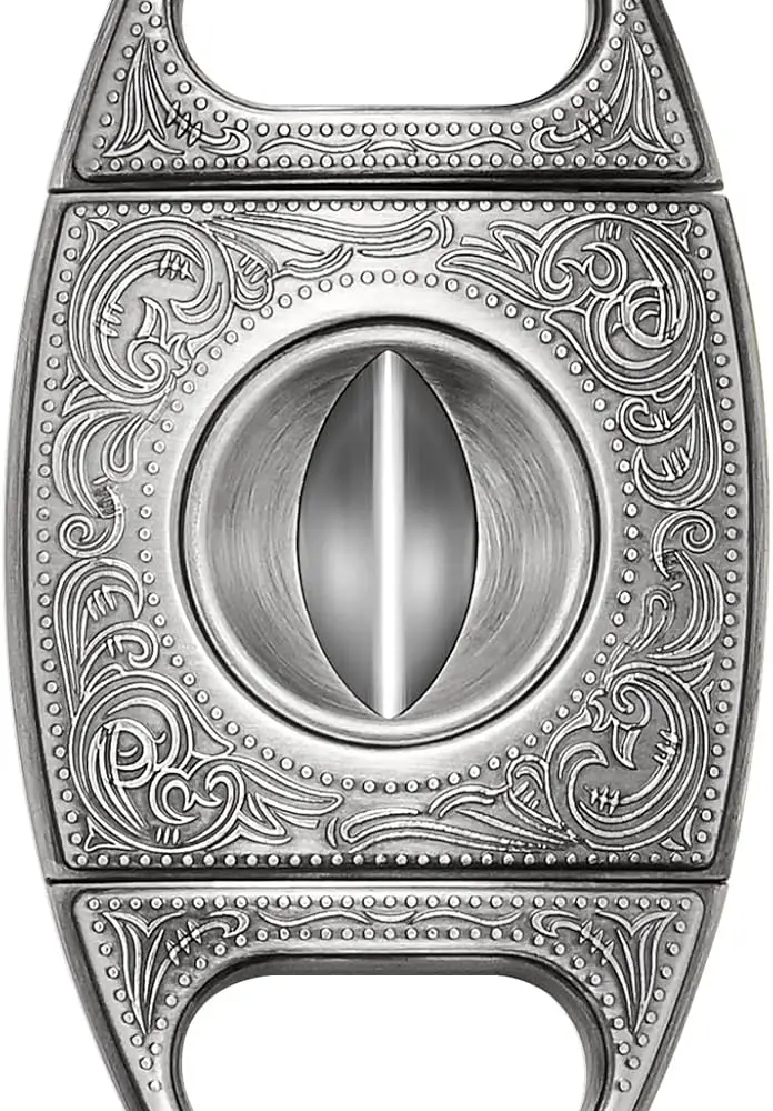 Bronze Engraved Cigar Cutter V Cut Blade Guillotine Silver Bronze Engraved Cigar Cutter V Cut Blade Guillotine Silver