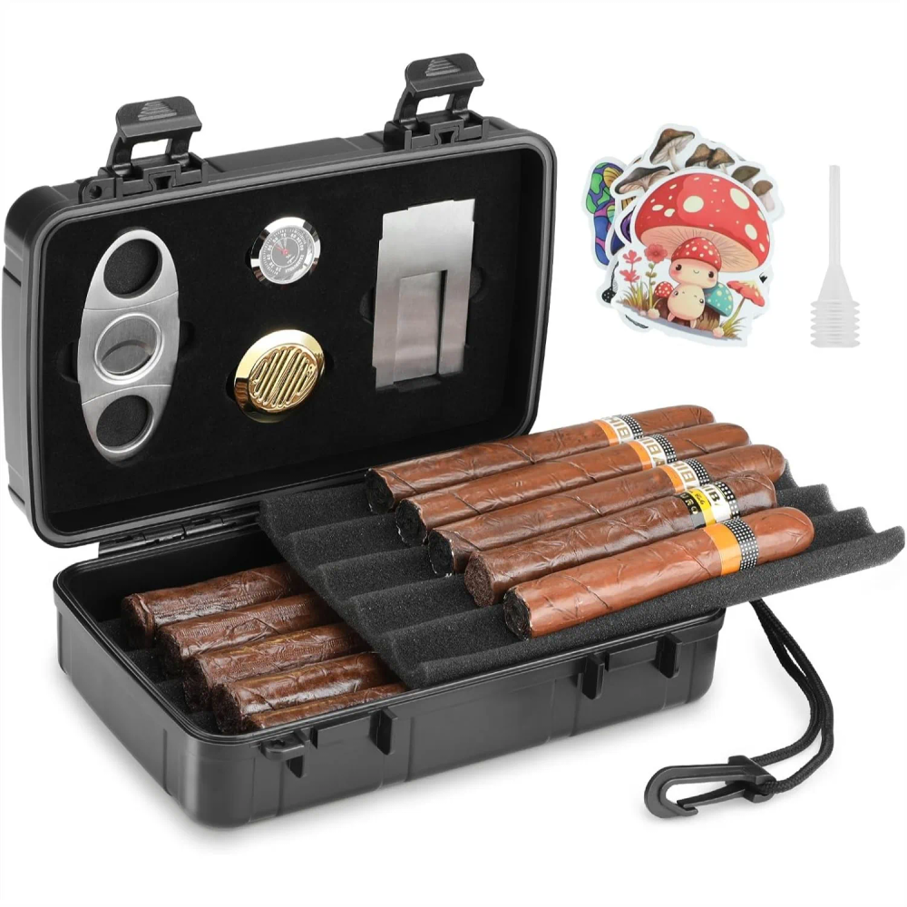 Portable Cigar Humidor Holds 10 Cigars with Cutter, Humidifier, Hygrometer - Travel Cigar Accessories Set for Men Portable Cigar Humidor Holds 10 Cigars with Cutter, Humidifier, Hygrometer - Travel Cigar Accessories Set for Men