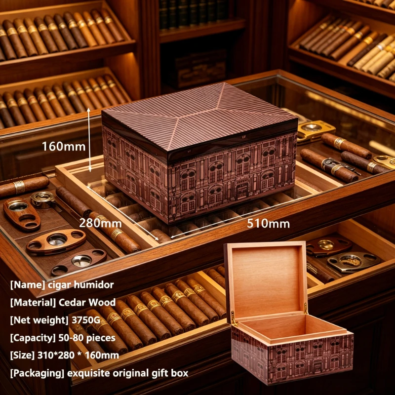 Wooden Humidor Holds 50-80 Cigars with Humidifier Bag Hygrometer Aging Resting Festive Gift Wooden Humidor Holds 50-80 Cigars with Humidifier Bag Hygrometer Aging Resting Festive Gift