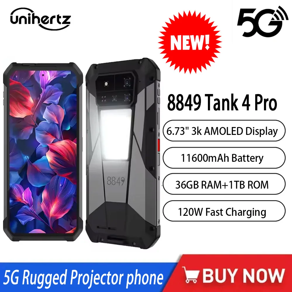 Unihertz 8849 Tank 4 Pro 5G Rugged Projector Smartphone Android 6.73 Dimensity 8300 CPU 3k AMOLED Display 36GB+1TB Mobile NFC Unihertz 8849 Tank 4 Pro 5G Rugged Projector Smartphone Android 6.73 Dimensity 8300 CPU 3k AMOLED Display 36GB+1TB Mobile NFC
