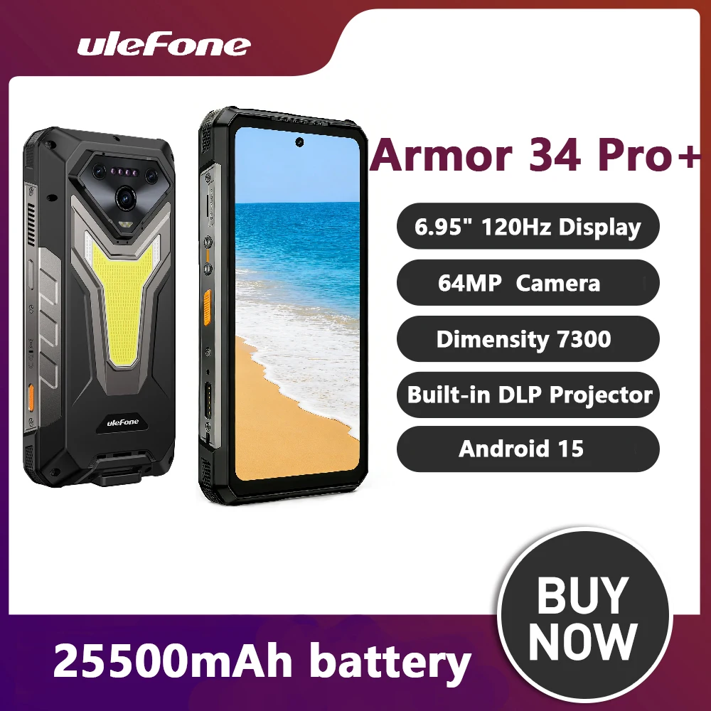 Ulefone Armor 34 Pro+ 32GB+512GB 5G AI Rugged Phone 25500mAh 6.95" Built-in Projector 120Hz Android 15 MTK 7300 NFC Smartphone