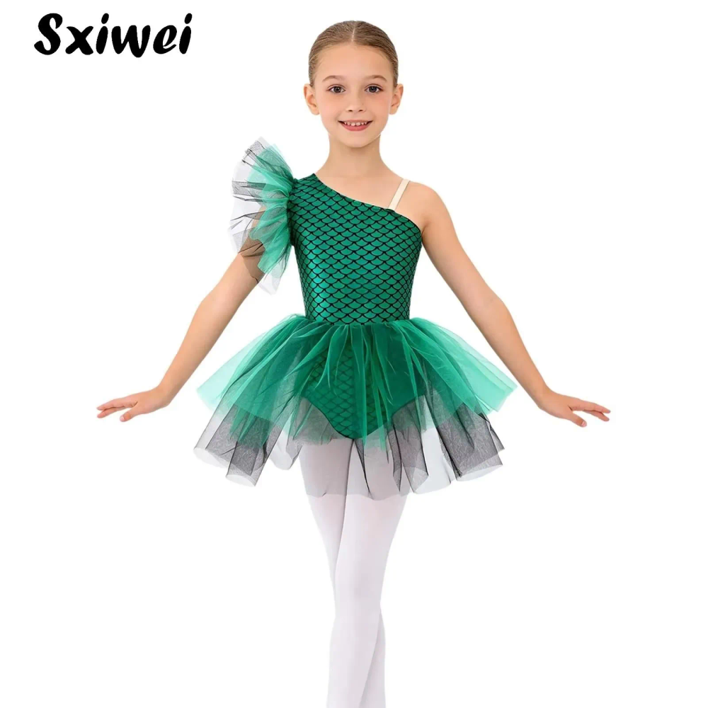 Girls Mermaid Ballet Leotards One Shoulder Fish Scales Tutu Dress Metallic Gymnastic Bodysuit Halloween Mermaid Princess Costume Girls Mermaid Ballet Leotards One Shoulder Fish Scales Tutu Dress Metallic Gymnastic Bodysuit Halloween Mermaid Princess Costume